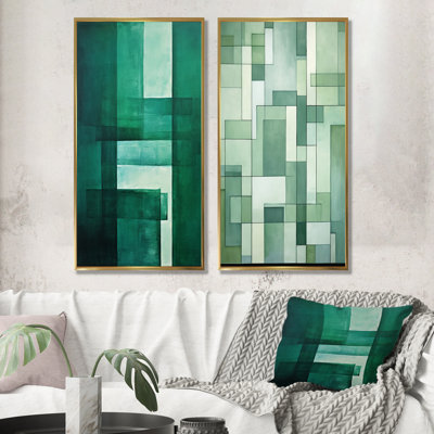 «Green Cubic Line Art Deco», ensemble de 2 reproductions d'art sur toile géométriques abstraites