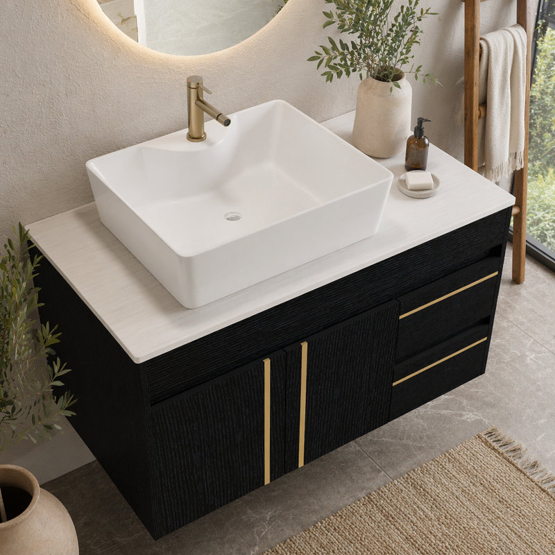 Meuble-lavabo mural 36 po avec lavabo vasque en céramique et comptoir en contreplaqué - Porte et tiroirs à fermeture en douceur, conception flottante