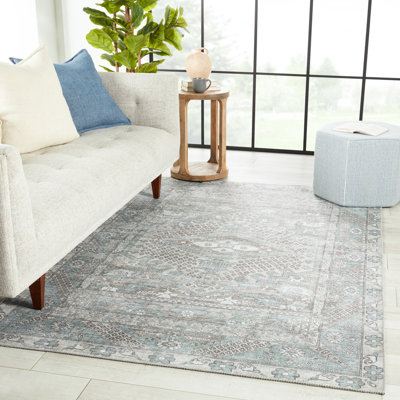 Tapis gris clair / bleu sarcelle performant lavable à la main Issa