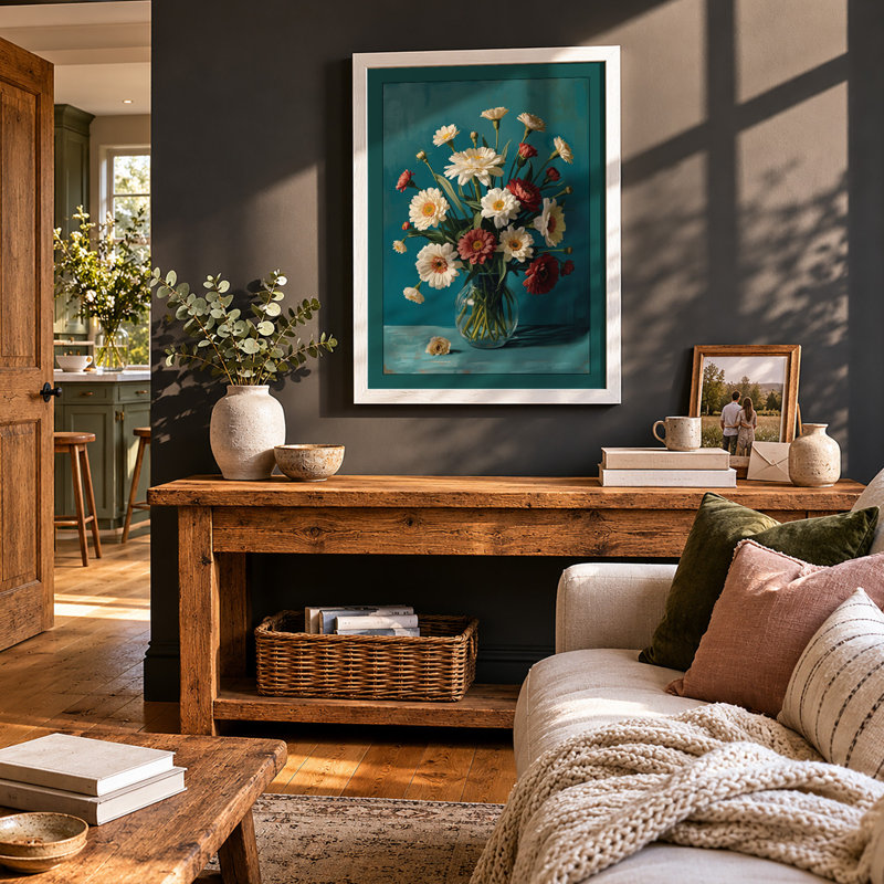 Blooms in Teal Botanical - Framed Print, A2 - 59.4 x 42.0 cm, White