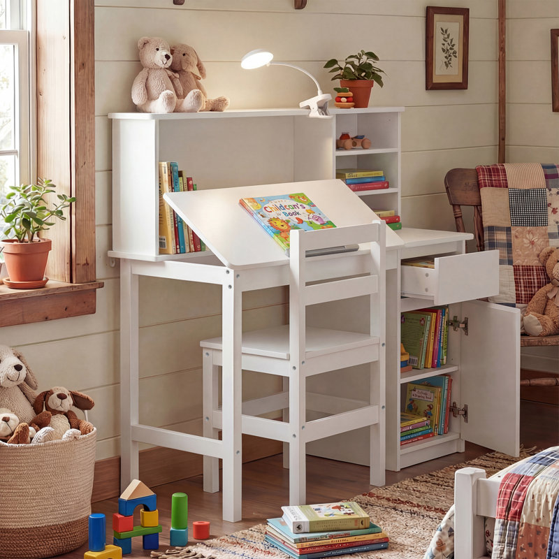 Kids Study Desk And Chair Set With Bookshelf, Flip-Top Desk, LED Lamp