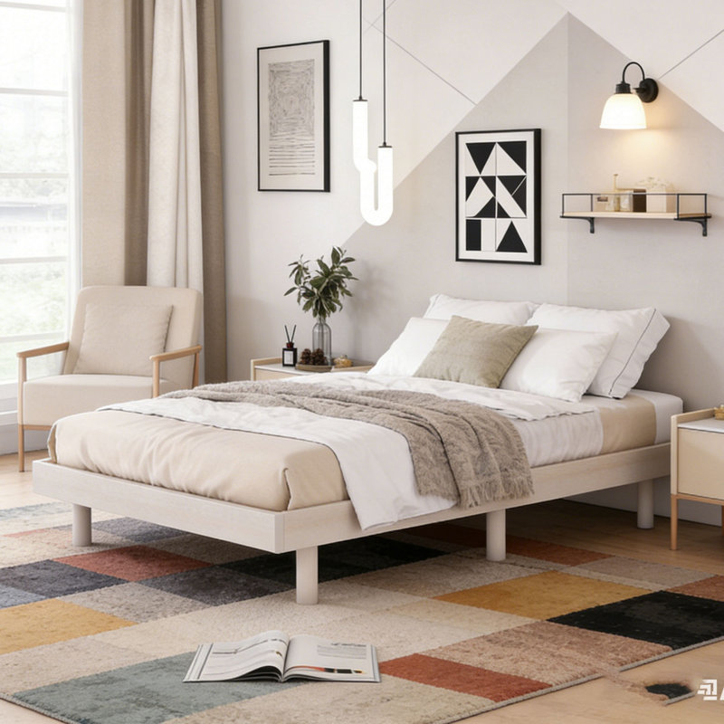 Base de lit plateforme moderne flottante, Lit simple, Blanchies