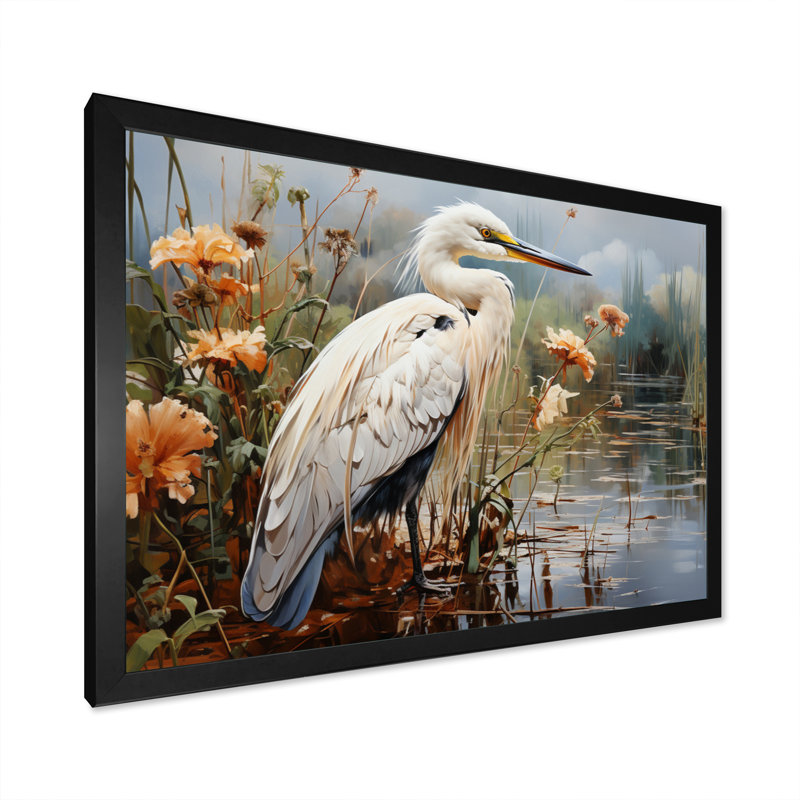 Héron pêche blanc, héron, art mural, H 30 po x l 40 po x P 1,5 po, Cadre simple noir
