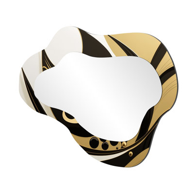 Golden Circular Universe VII - Geometric Asymmetrical Mirror, Black Cloud Unique Wall Mirror, Printed Metal Art