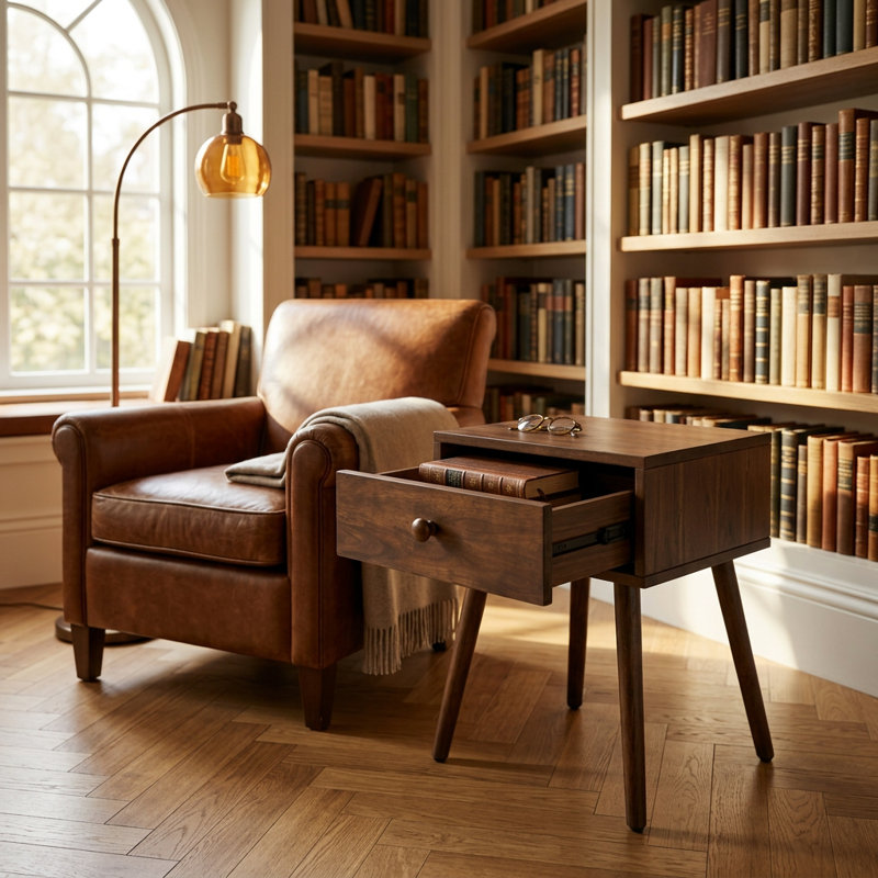 Table de chevet à tiroir en bois massif, couleur brun espresso, style moderne du milieu du siècle, avec rangement