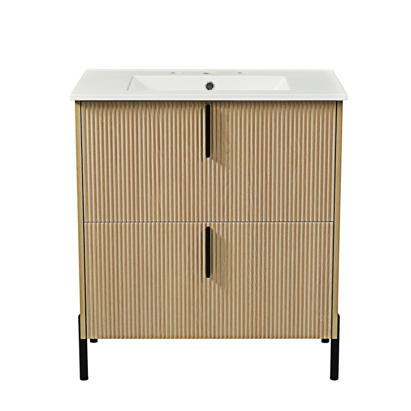 Meuble-lavabo avec lavabo et tiroirs en céramique, Naturel