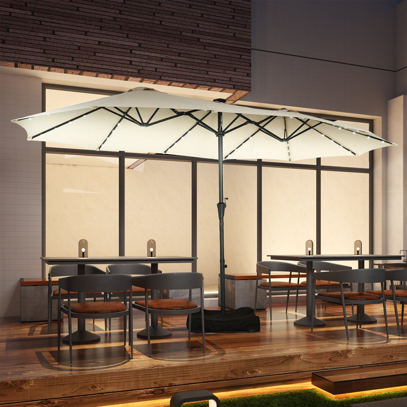 Parasol de patio 15 pi avec base et lumières solaires, Kaki