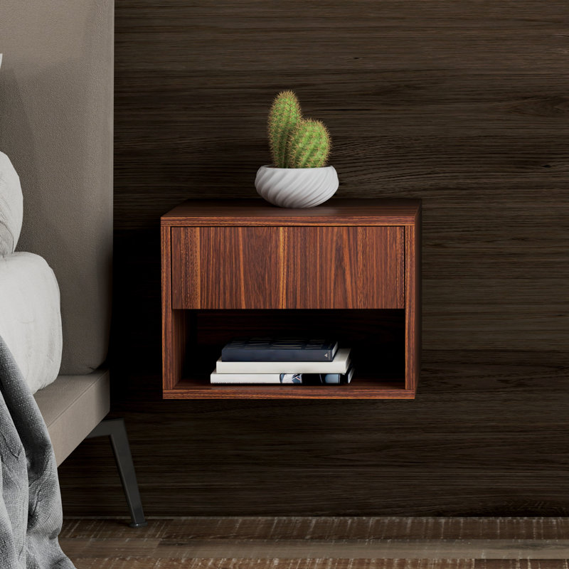 Floating Nightstand Set of 2 with Drawer and Shelf, Brown