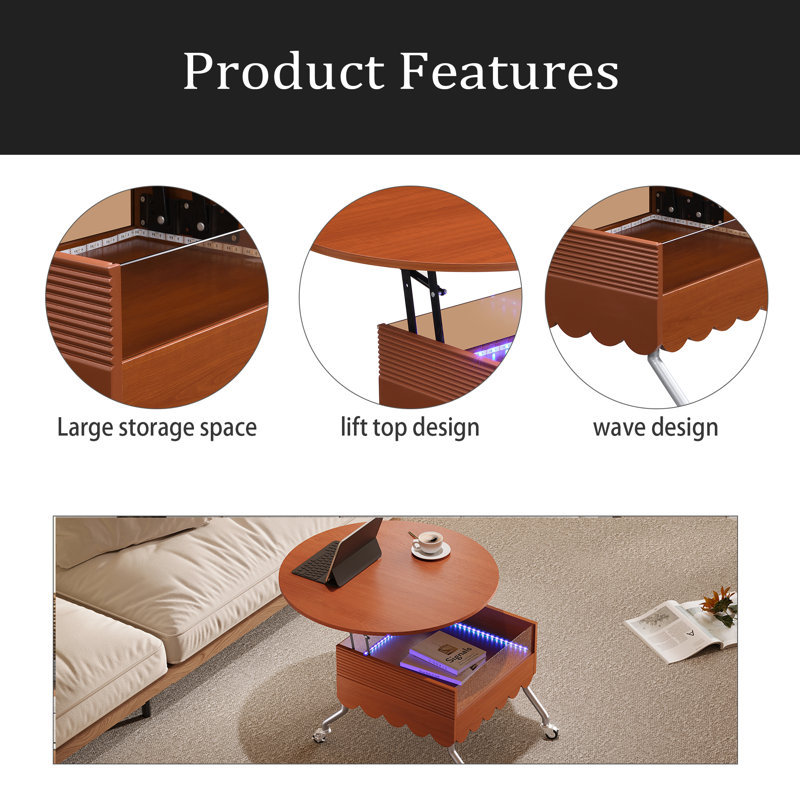 Table basse ronde à plateau relevable avec roues, structure en métal et éclairage multicolore de 27,6 po