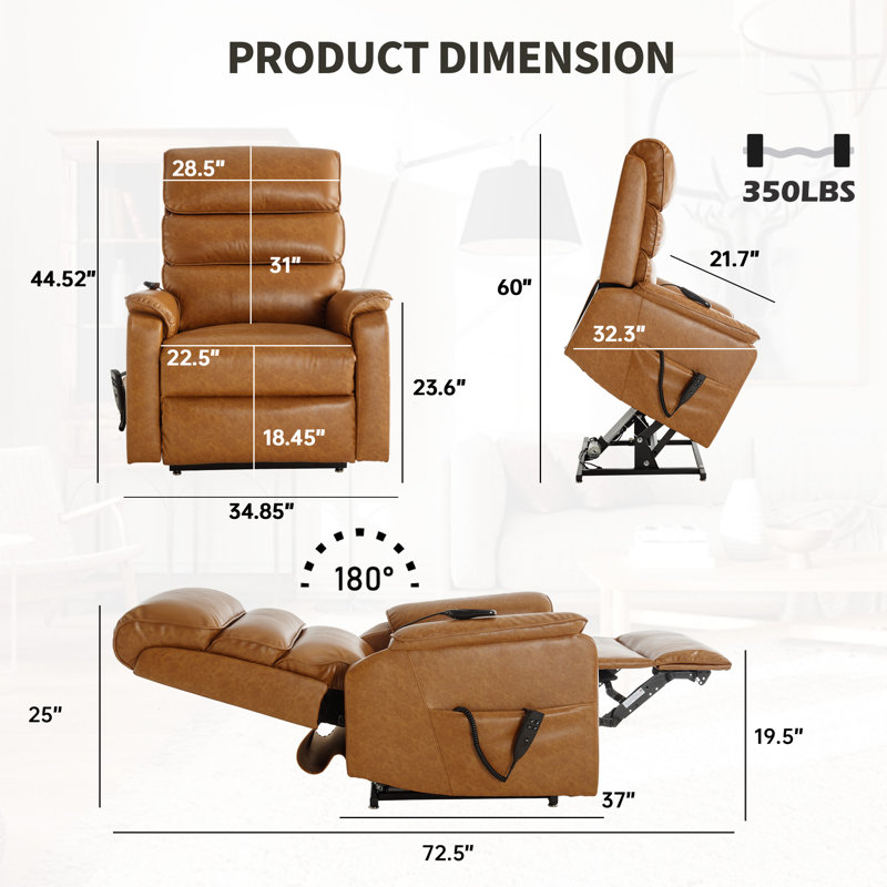 Aura Dual Motor Power Lift Recliner With Thick Back, 180° Flat Recline With Heat And Massage, Yellow Brown