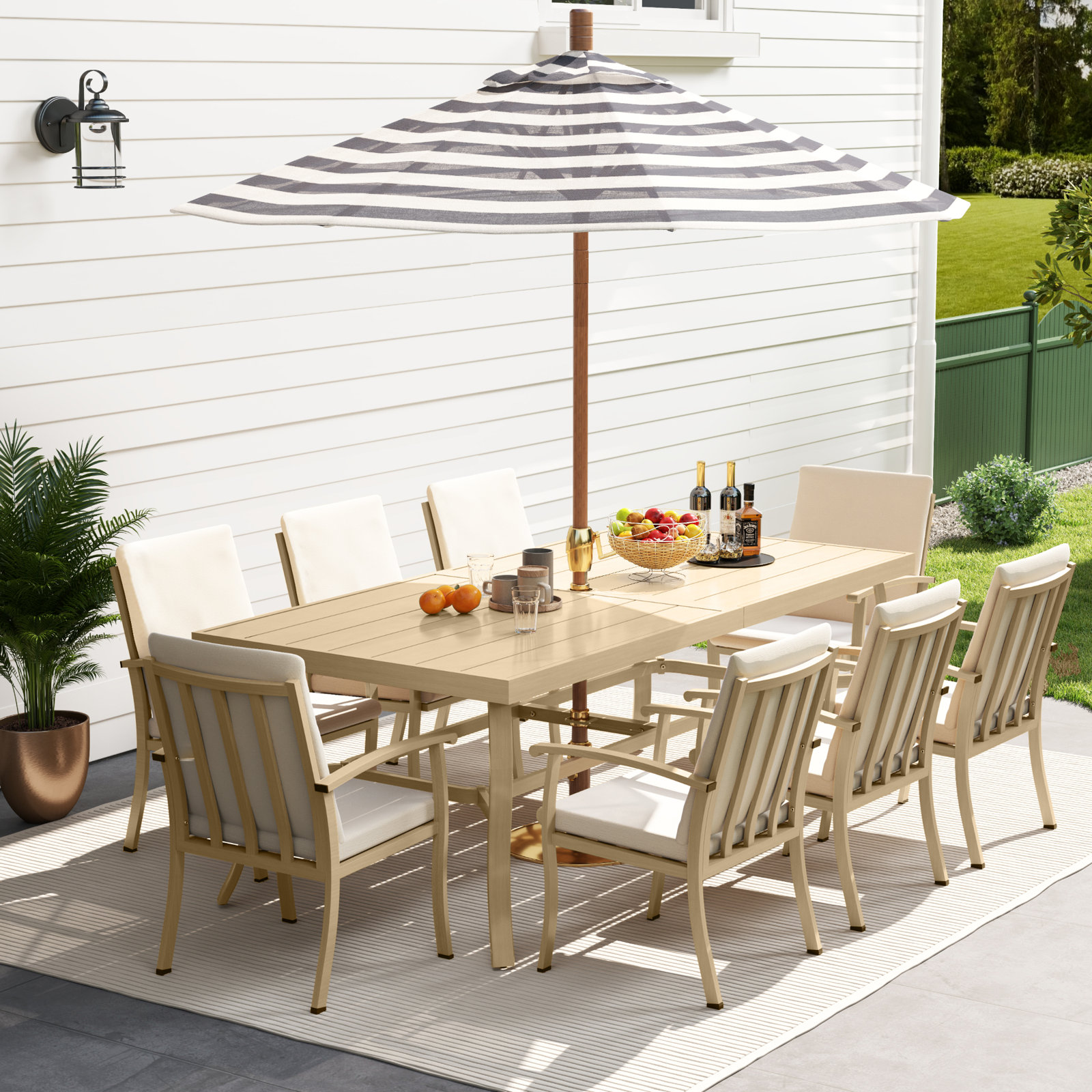 Willesden Rectangular Aluminum Dining Set with Cushions, Beige, 8