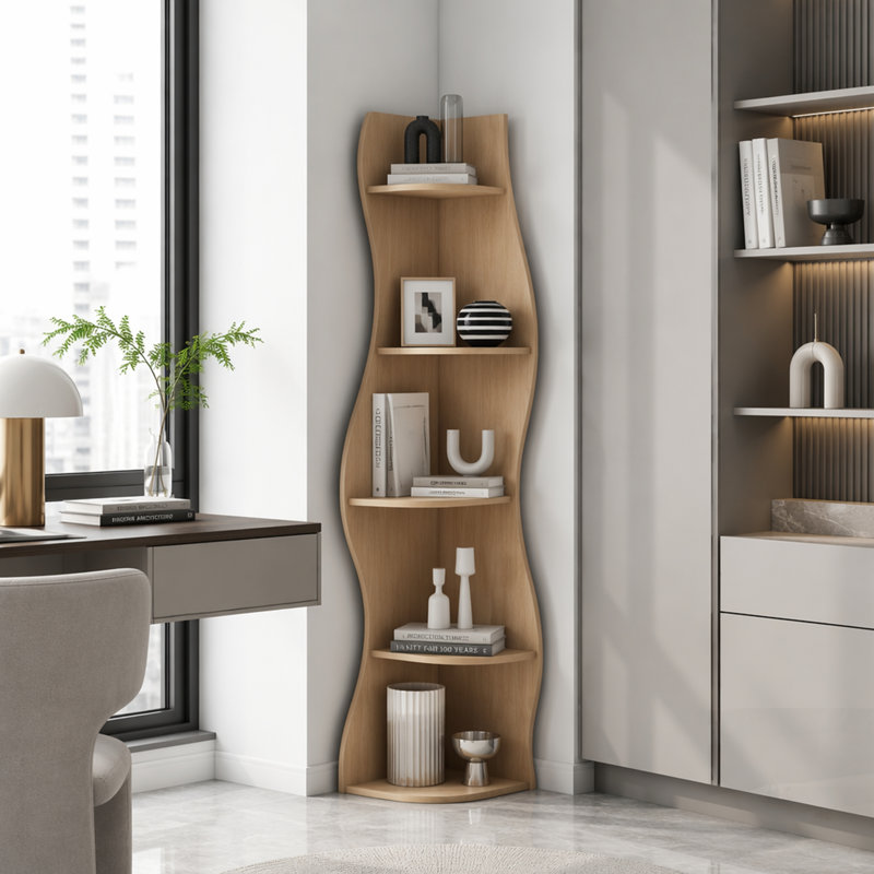 Étagère d'angle à 5 niveaux en forme de S, présentoir courbé autoportant moderne, bibliothèque peu encombrante et support pour plante pour la maison
