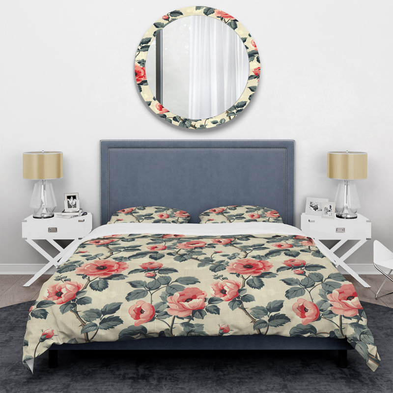 Ensemble de housse de couette moderne rose et vert Garden Dreams V, Housse de couette simple et deux taies décorative