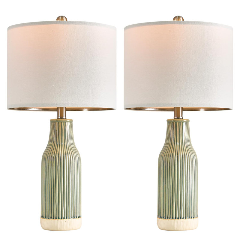 Green Ceramic Table Lamp Set with Linen Drum Shades