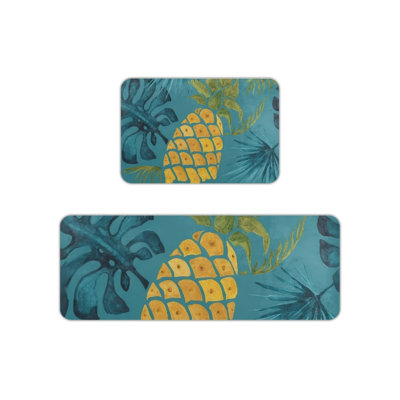 Tropical Pineapple Kitchen Mats for Kitchen Laundry Room, Set of 2, Teal Yellow