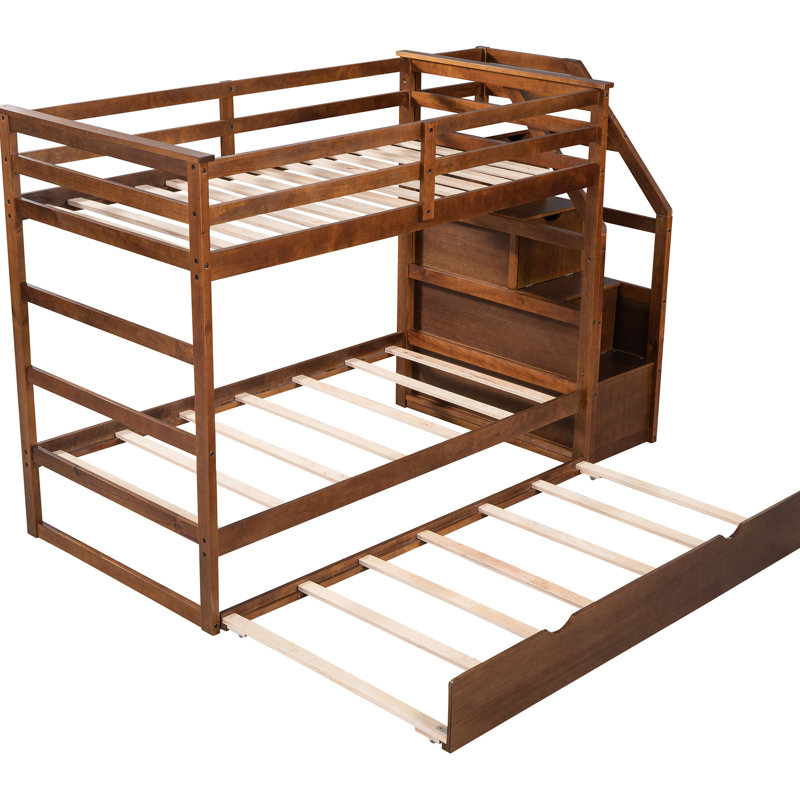 Solid Wood Twintwin Bunk Bed In Walnut With Trundle Function Walnut And Storage Capacity