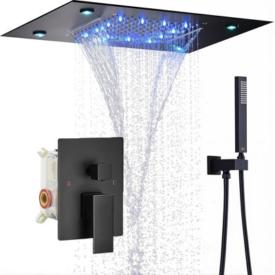 Black LED 14X20'' Ceiling Mount Rain Waterfall Shower Head Set Bathroom Shower Faucet