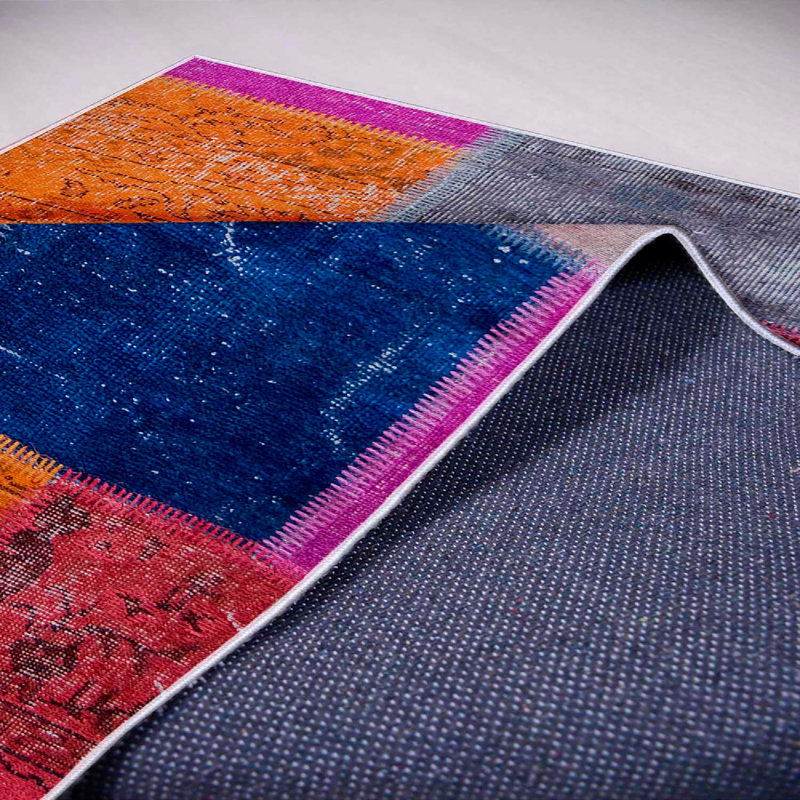 100% Cotton Area Rug, 3.3 x 4.9 Feet | Antibacterial Non-Slip PVC Underside, 0.3 in Pile Height | Machine Washable, Dot Base, Colorful Pink, Orange, Green, Cream & Navy Blue Design | Perfect for Living Room & Bedroom Decor