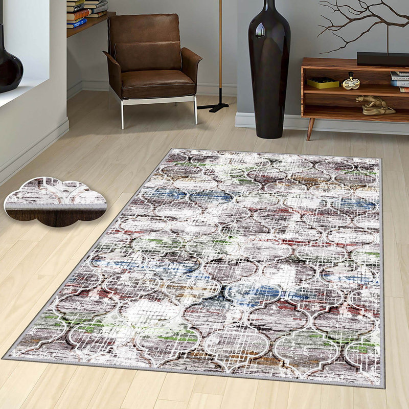 Tapis antibactérien 100% polyester 5,9 x 9,2 pi Luxurious Pois en feutre antidérapant en PVC, d'une hauteur de poils de 0,3 po | Lavable à la machine, impression numérique 3D, parfaite pour le décor du salon et de la chambre à coucher