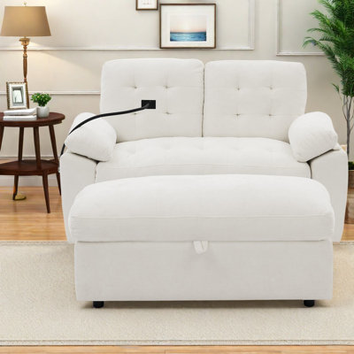 Fauteuils inclinables modernes ajustables 2 places avec pouf de rangement, en bois chenille beige, pour la maison