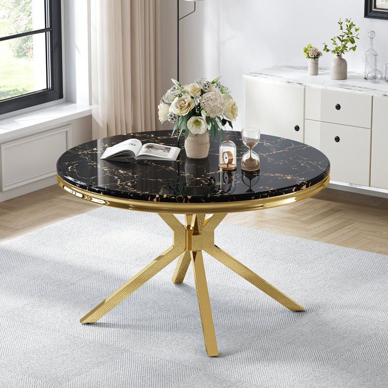 Round Dining Table – 46.85" Faux Marble Top with Mirrored Stainless Steel Nest-Shaped X Base, Seats 4–6, Black, Gold