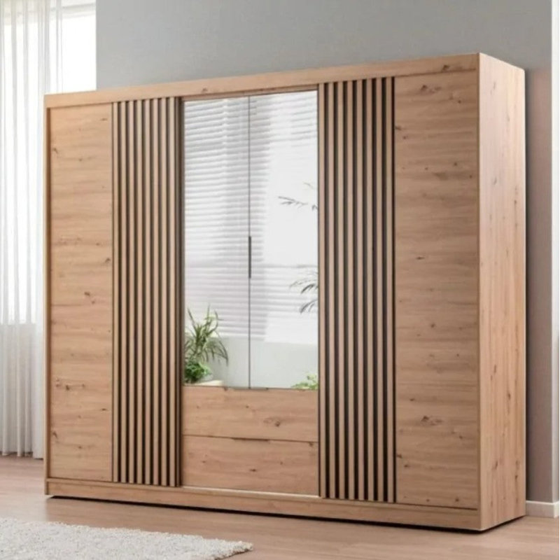  Sonoma Bionda 250 Sliding Wardrobe - Mirrored Doors with  Vertical Lamelas, Oak