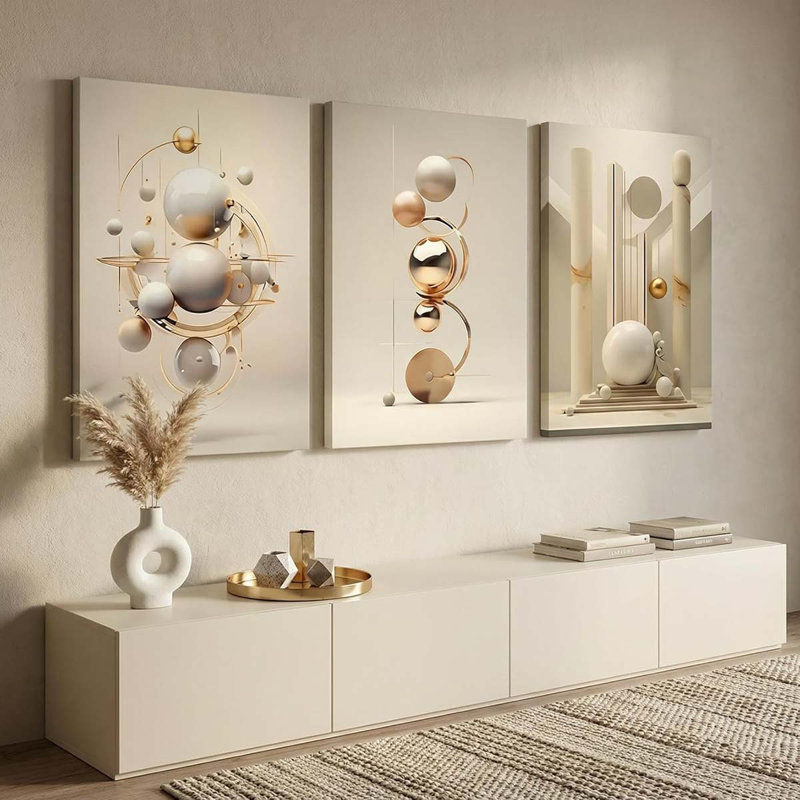 3Pcs Modern Three-Dimensional Geometric Spheres Canvas Wall Art Abstract Luxury Beige Wall Decor Pictures., 60" H x 120" W