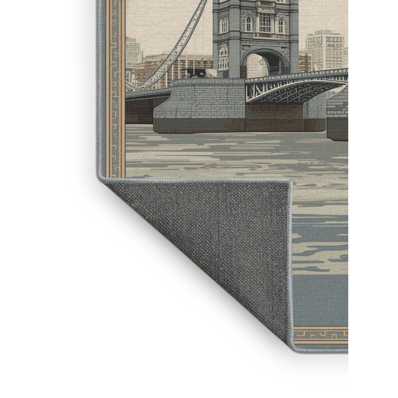 Tapis oriental doux et moelleux de style carlingcott London Tower Bridge beige - Reliure bleu ciel, 5 x 7