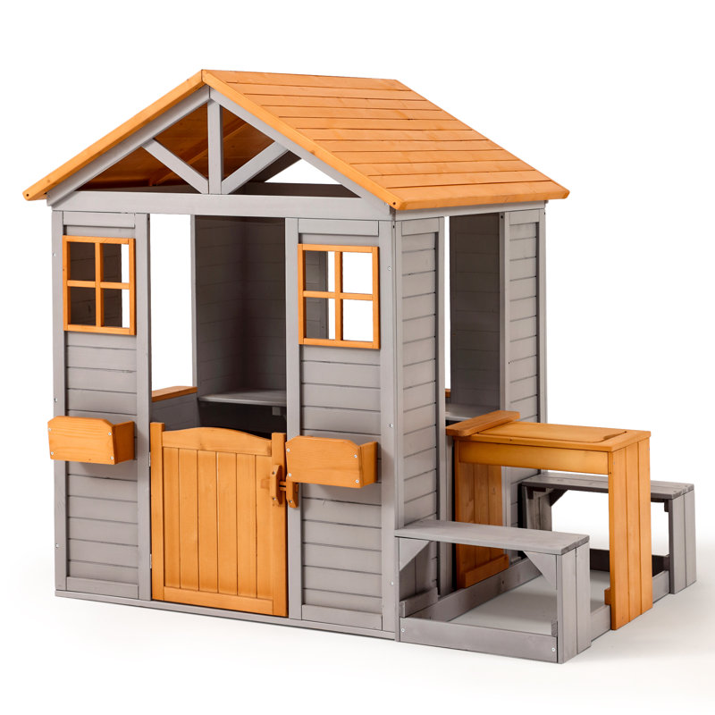 KizzParnrr Wooden Outdoor Kids Playhouse with Sand Water Table Chair Set, Play Kitchen, Half Door Windows, and Toys PlaySet for Backyard Play