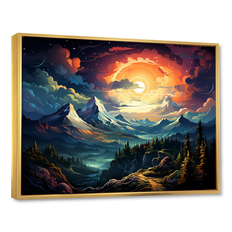 «Dreamy Mountain Scenery At Night II», art mural paysage d'hiver, Cadre flottant doré, H 34 po x l 44 po x P 1,5 po