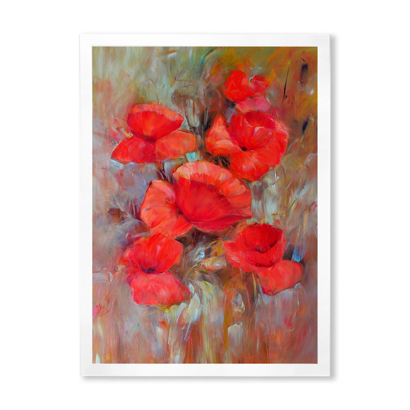 Red Blooming Poppies VII - Décoration murale traditionnelle sur toile, Cadre photo blanc, H 36 po x l 24 po x P 1 po