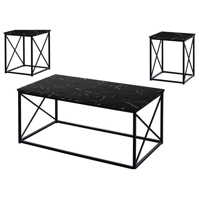 Table de salon 3 pièces - stratifié aspect marbre noir, fabrication en métal, tables basses et 2 tables de bout, structure de soutien contemporaine et tables tendance pour l'intérieur de la maison