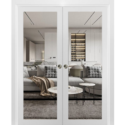 Sliding Double Pocket Door Clear Glass Lucia 2666 White Silk Kit Trims Rail Hardware Solid Wood Interior Bedroom Bathroom Closet Sturdy Doors 60" x 96" (2* 30x96)-Clear Glass