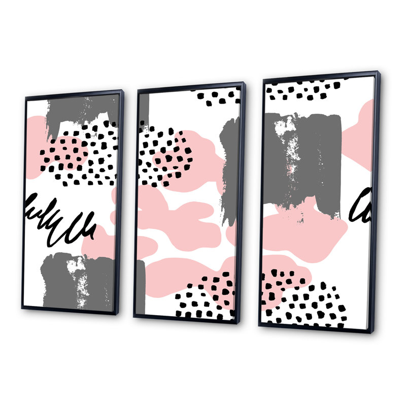 «Pink and Grey Retro Polka Dot Clouds I», reproduction de cadre flottant sur toile 3 pièces, H 28 po x l 36 po x P 1 po, Noir