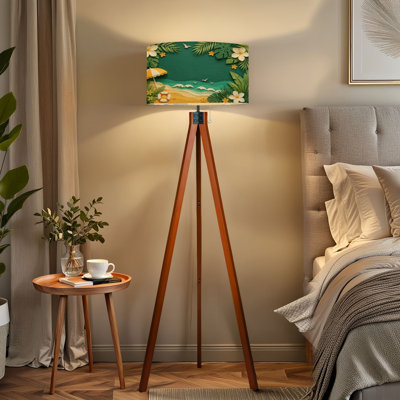  Lampe sur pied à trépied sur pied de style tropical en papier avec éléments floraux et lampe DEL sur pied avec pieds en bois de hêtre et abat-jour en lin amovible pour le salon et la chambre à coucher