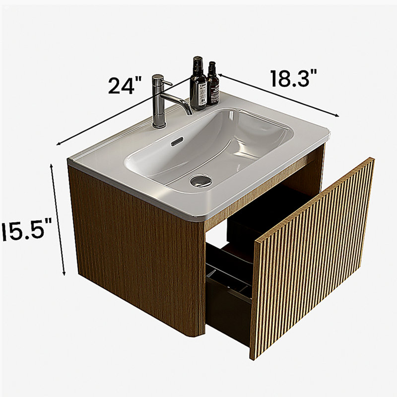 Table de maquillage de 24 po en chêne naturel rayé avec bol en céramique blanche, table de maquillage murale en porte-à-faux moderne pré-assemblée