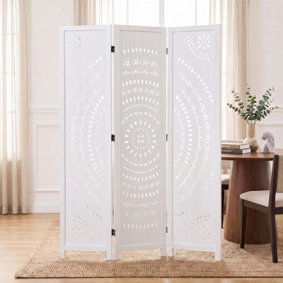 Sunflower Pattern Freestanding Room Divider – 3-Panel, White