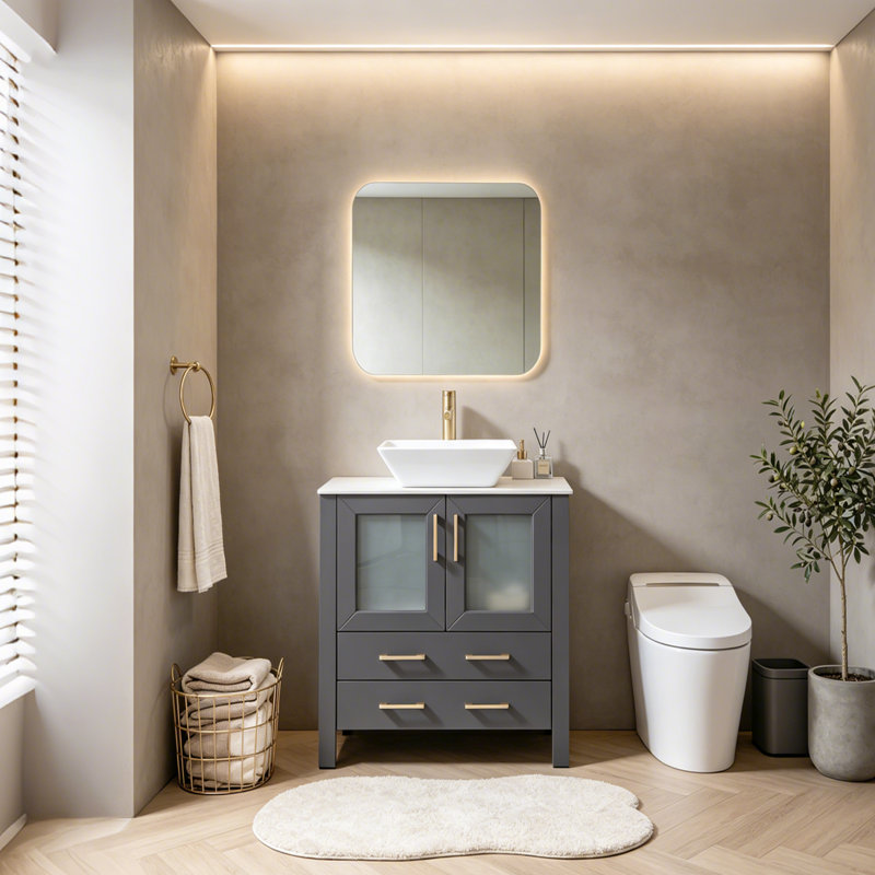 30 Inch Grey Modern Freestanding Bathroom Vanity with White Ceramic Vessel Sink