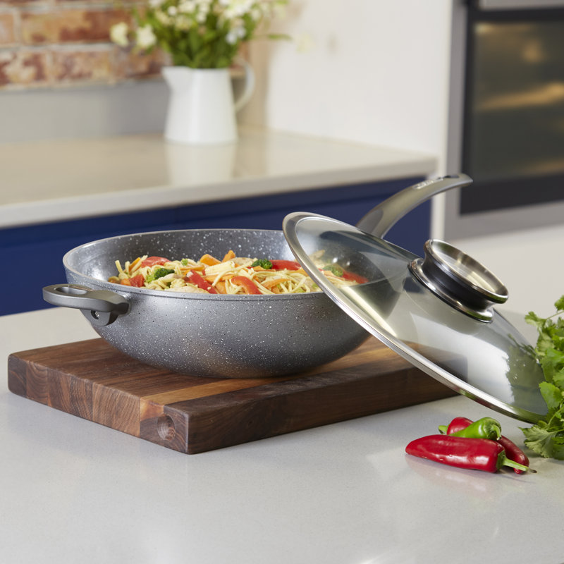 Tower T81279 Cerastone Induction Wok Pan With Glass Lid, Non Stick Ceramic Coating, Easy to Clean, Graphite, 30 cm