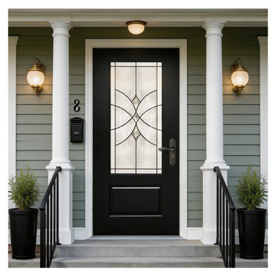 Porte avant gauche 36 po x 80 po en fibre de verre noire avec cadre en PVC 4-9 / 16 po et moulure de brique