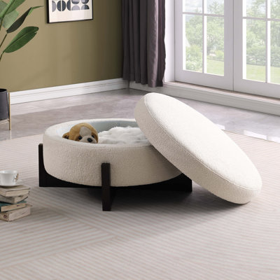 Repose-pieds rond élégant avec rangement à l'intérieur, pieds pliables en chêne, beige