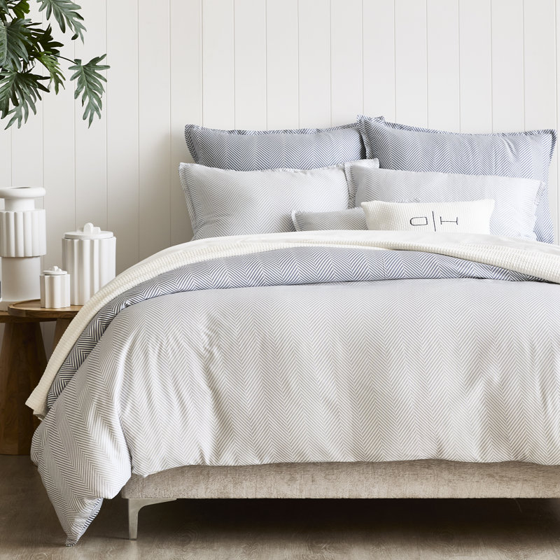 4-Piece Leze Linen Bedding Set, Full, Blue/White Chevron