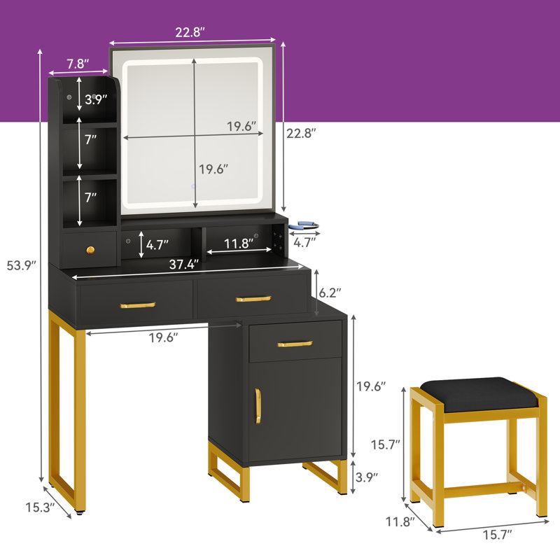LED Light Bulb Vanity with Stool, Black