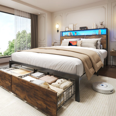 Full Bed Frame with Storage Drawers , Metal Bed Frame with 2-Tier Storage Headboard & Built-in Charging Station & LED, Noise-Free, No Box Spring Needed, Easy Assembly, Grey