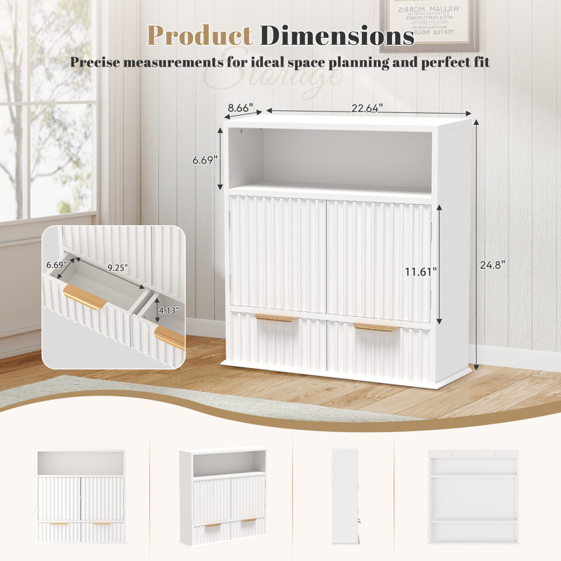 Fluted Bathroom Wall Cabinet With Drawers, Wooden Medicine Cabinet Organizer Over The Toilet, Wall Mounted Bathroom Storage Cabinet With Open Shelf For Bathroom, Kitchen, And Laundry Room (white)