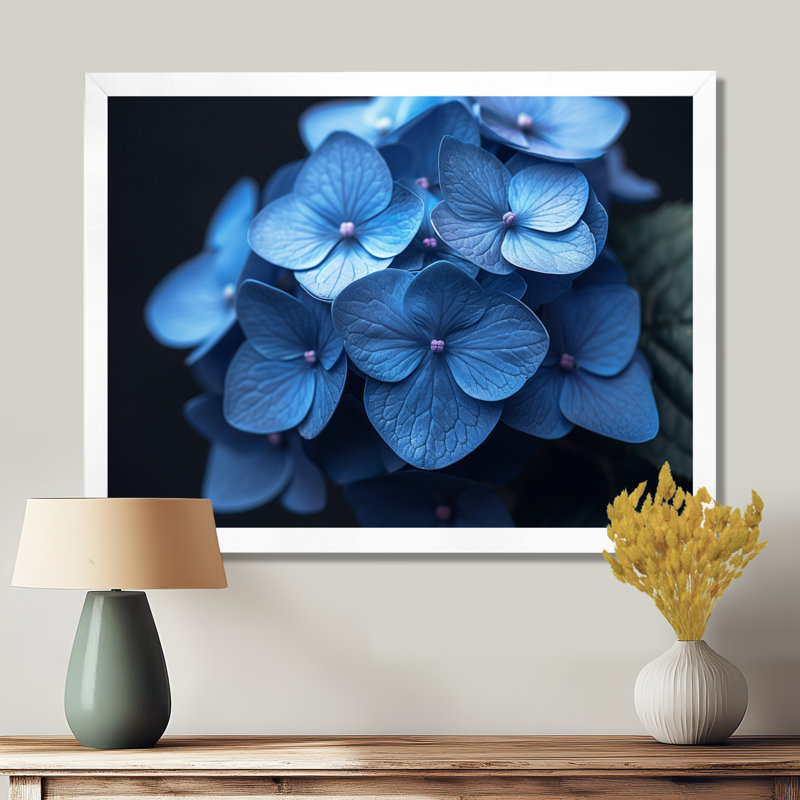 Nirvana bleu, bleu, hortensia, art mural, H 24 po x l 32 po, Cadre flottant brun
