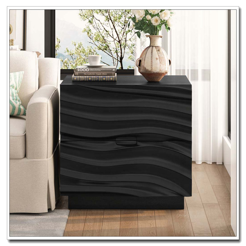 Table de chevet en bois massif 23,62 po avec 2 tiroirs, Noir, Individuel