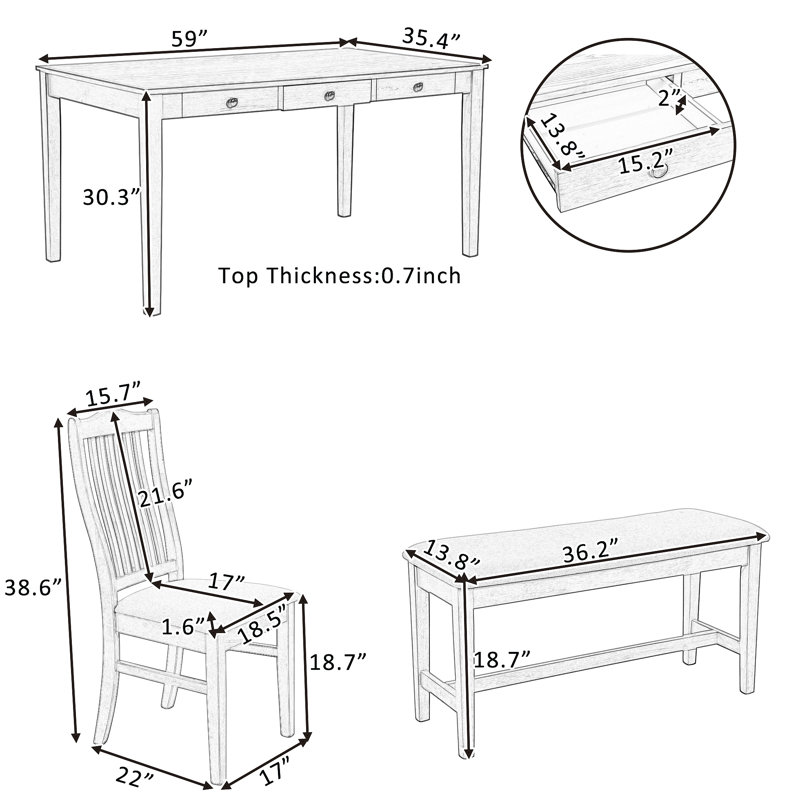 Ensemble de table de salle à manger en bois Mid-Century 6 pièces, ensemble de table de cuisine avec tiroir, chaises rembourrées et banc