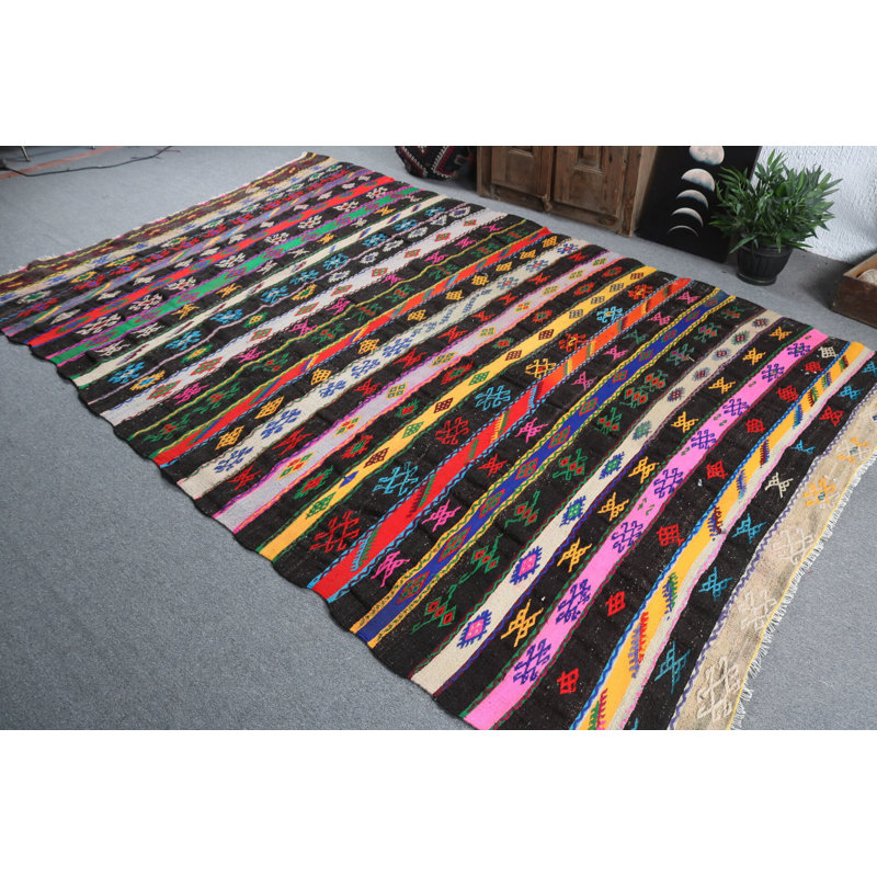 Vintage Handwoven Turkish Kilim Rug: Colorful Striped Bohemian Carpet with Geometric Pattern