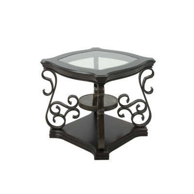 Table de bout, plateau de table en verre, plateau central en panneau de fibres à densité moyenne et papier marbré, pieds en métal thermolaqués